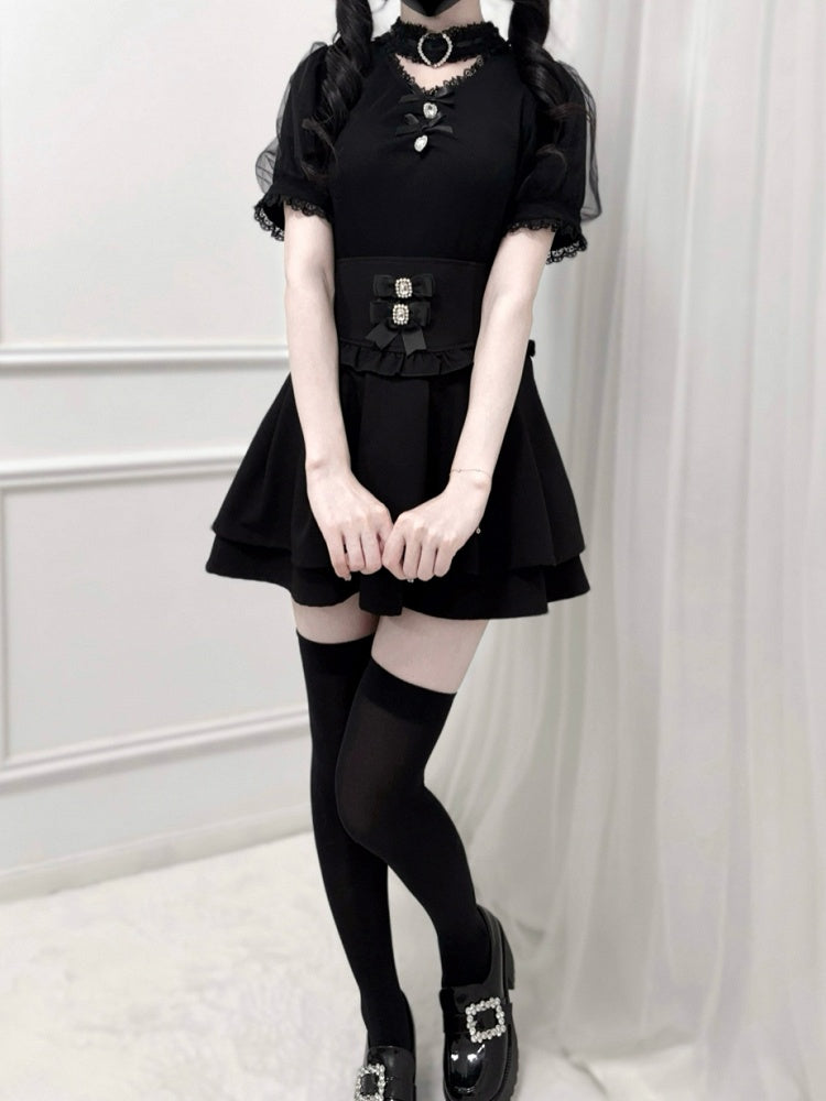 Black Jirai Kei Corset Waist Double-Layered Skirt with Detachable Bowknots