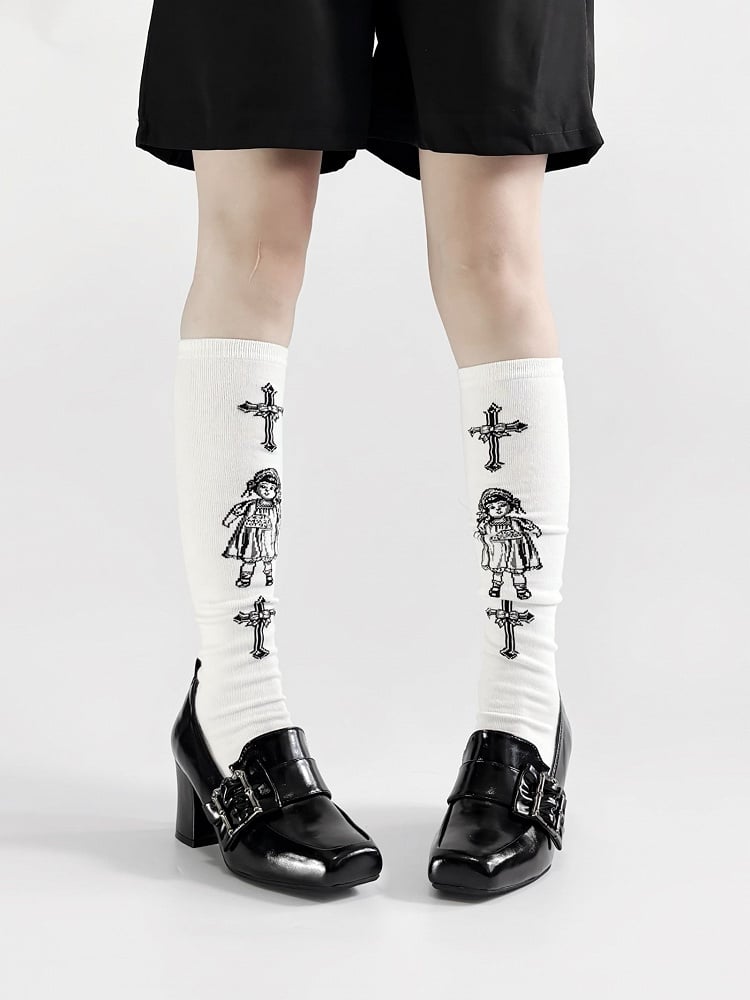 Gothic Polished Black Square Toe High Block Heel Shoes