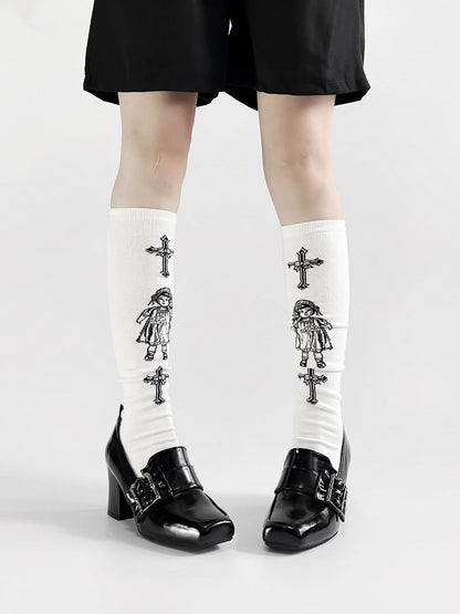 Gothic Polished Black Square Toe High Block Heel Shoes