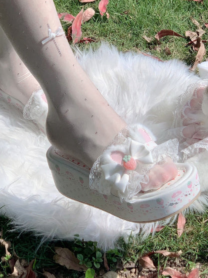 White Sweet Lolita Bow Accents Lace Trim Plush Bunny Ear Platform Slippers