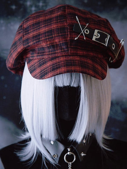 Black And Red Plaid Pattern With Buckle Pins Details Beret