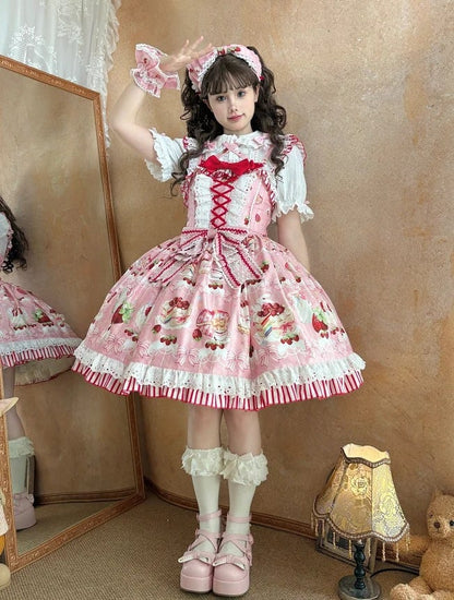 Bows and Strawberry Dessert Print Pink Sweet Lolita Jumper Skirt