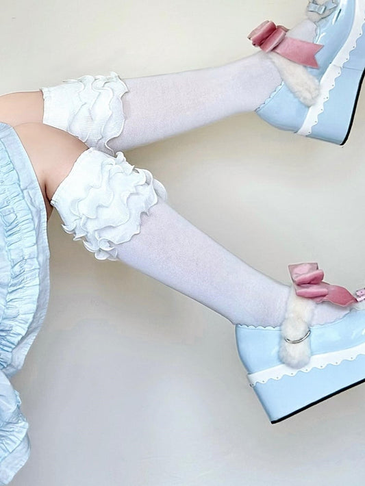 White Ruffle Trims Lolita Calf Socks