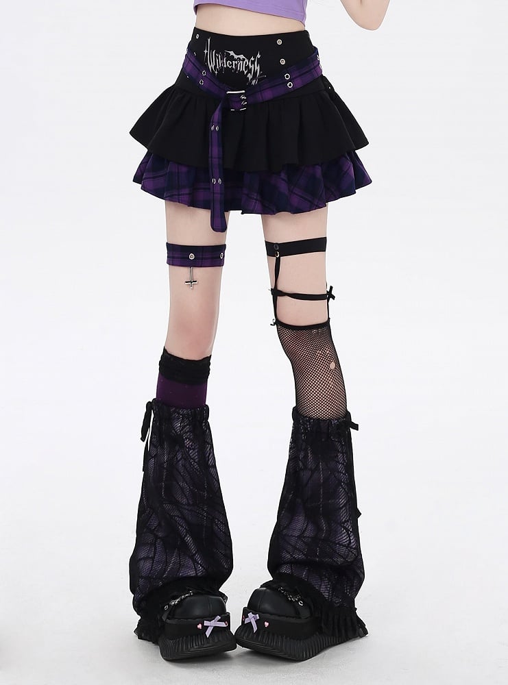 Y2K Black and Purple Plaid Buckle Belt Design Lined Tiered Skirt with Cross Garter