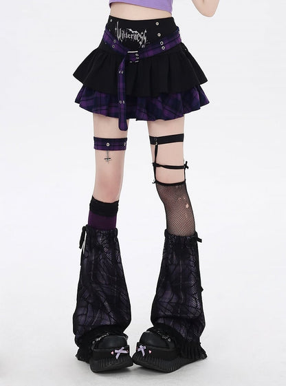 Y2K Black and Purple Plaid Buckle Belt Design Lined Tiered Skirt with Cross Garter