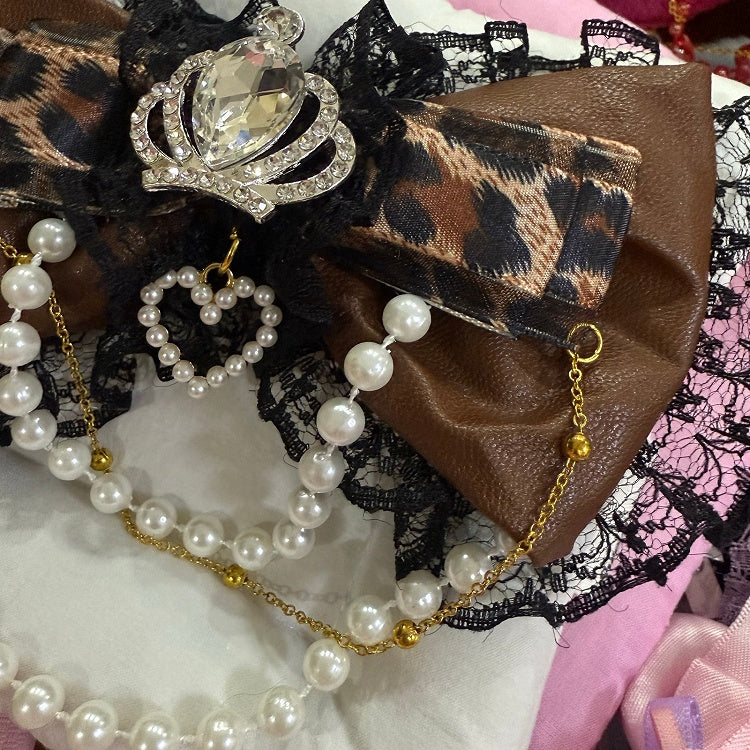 Black&Brown Leopard Pattern Rhinestone Crown Decorated Beaded Charm Lace Trim Bowknot Hairclip