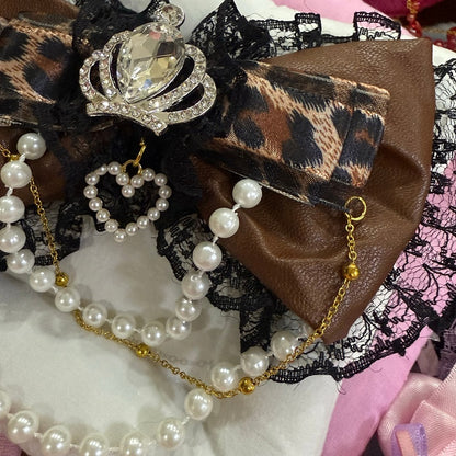 Black&Brown Leopard Pattern Rhinestone Crown Decorated Beaded Charm Lace Trim Bowknot Hairclip