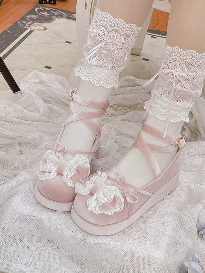 Pink Bow Accents Velvet Round Toe Platforms Crisscross Ankle Strap