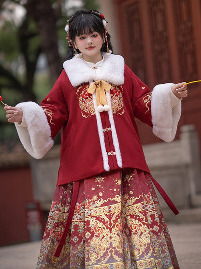 Plus Size New Year Red Embroidered Coat with Plush Collar and Cuffs