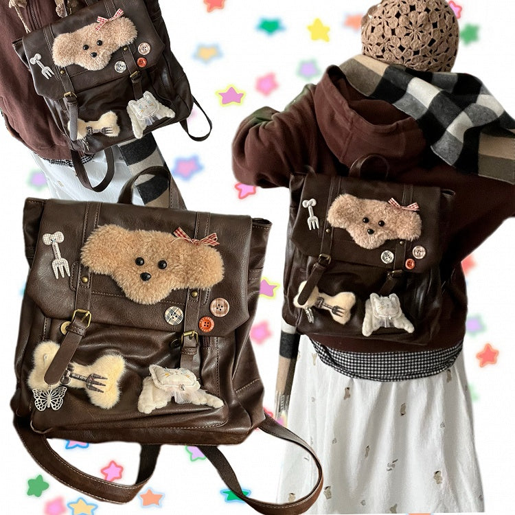 Vintage Brown Y2K Backpack | Preppy Style with Fold-Over Flap & Plush Puppy