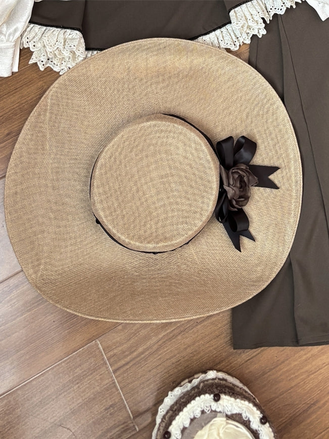 Brown Satin Flower Decorated Large Hat