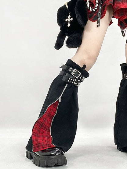 Black & Red Buckle Straps Zip Closure Denim Leg Warmers