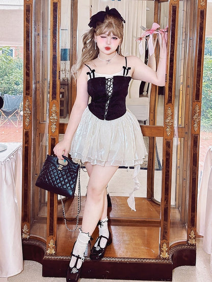 Plus Size Rhinestoned Bowknots Black Lace-up Top