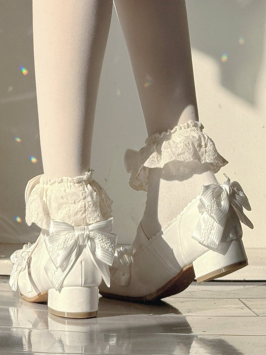 Flower-Shaped Buckle & Bow Accents PU Creamy White Cherry Blossom Themed Low-heel Mary Janes in Sweet Lolita