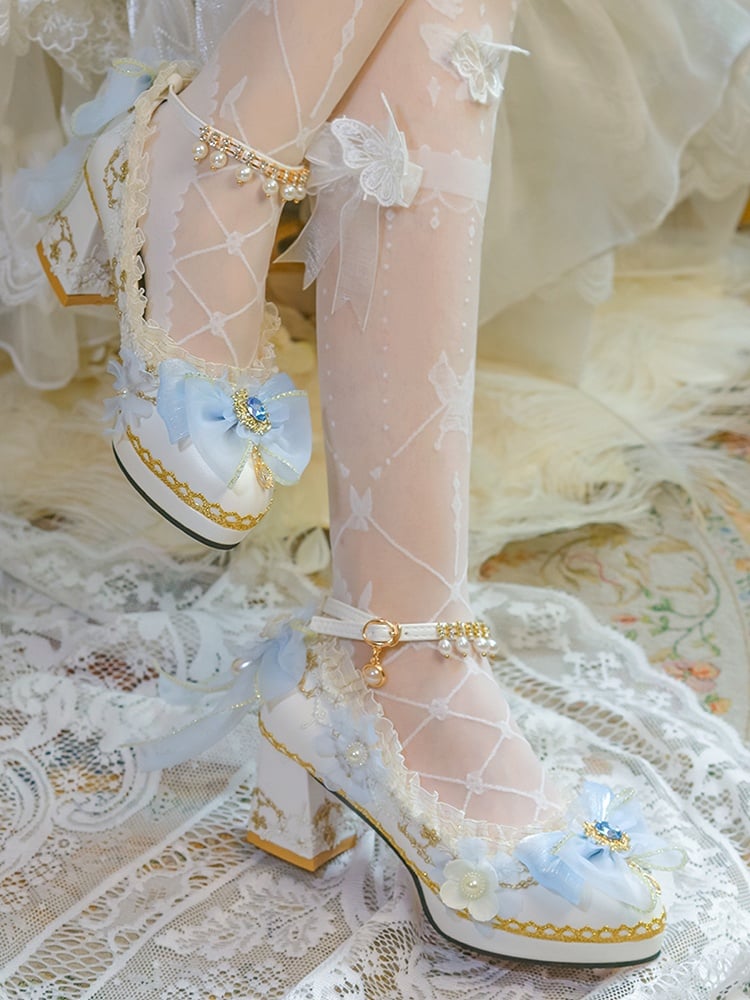 White & Blue Floral and Bow Accent 5CM/6CM/8CM Hime Lolita Block Heels
