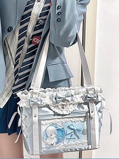 Blue&White Bowknot Details Ruffles Trim Lace-up Design Ita Bag