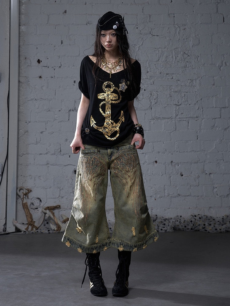 Black/White Distressed Design Navycore Graphic T-shirt