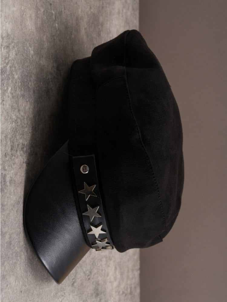 Black Gothic Star-shaped Studs Details Beret Hat