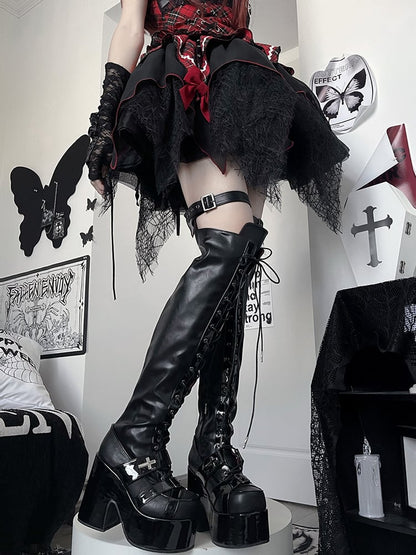 Matte Black Front Lace-up Ties Buckle Straps 12CM Heel Platform Thigh-high Boots