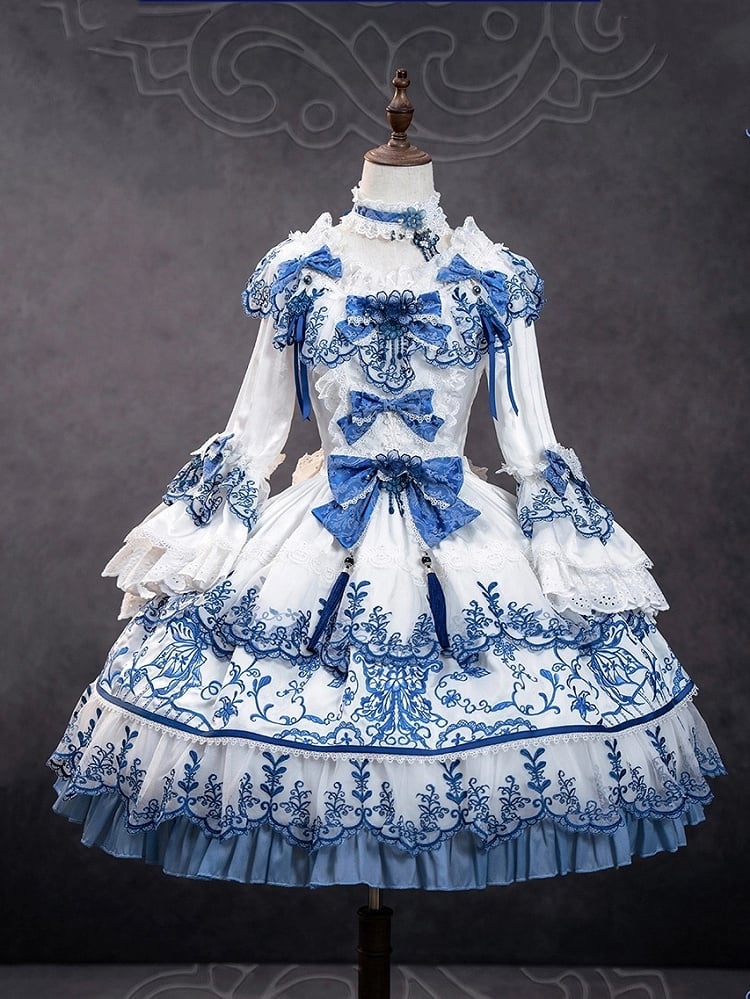Butterfly Fabric Blue and White Porcelain Embroidery Chinoiserie Style Lolita Dress Short Version