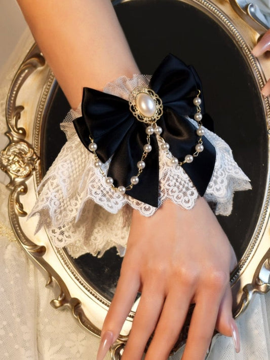 Black/White Beaded Charm Bowknot Decorated Lace Wrist Cuffs