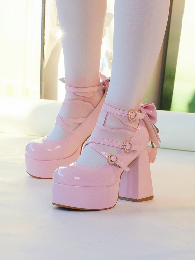 PU Pink Sweet Lolita Platform High Block Heel Mary Janes - Detachable Tulip Bow, Beaded Heart Buckle & Crisscross Straps