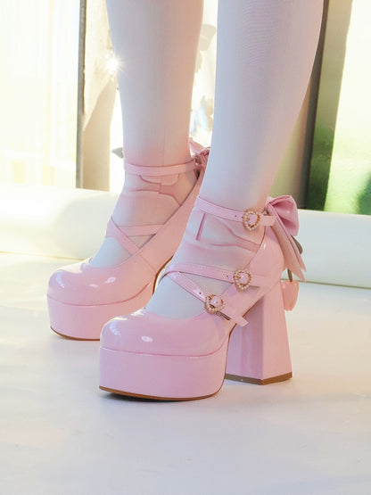 PU Pink Sweet Lolita Platform High Block Heel Mary Janes - Detachable Tulip Bow, Beaded Heart Buckle & Crisscross Straps