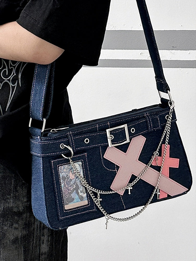 Dark Blue Cross Design Denim Ita Bag with Detachable Chain