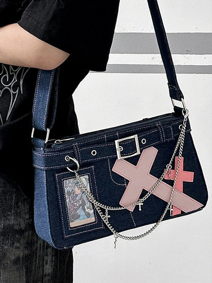 Dark Blue Cross Design Denim Ita Bag with Detachable Chain