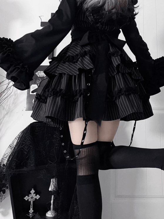 Black Gothic Off-the-shoulder Neckline Letter Print Striped Pattern Bell Sleeves Dress