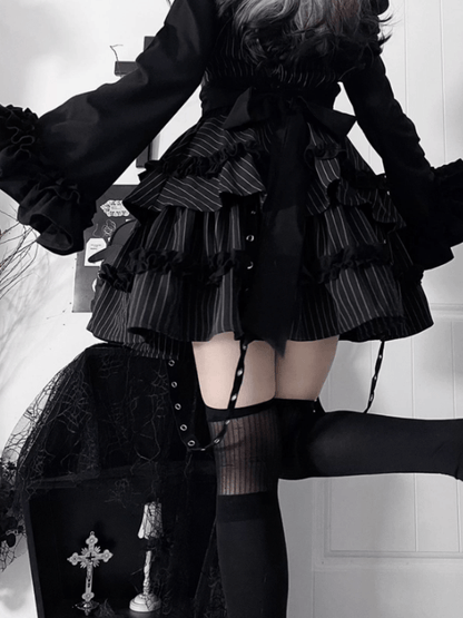 Black Gothic Off-the-shoulder Neckline Letter Print Striped Pattern Bell Sleeves Dress