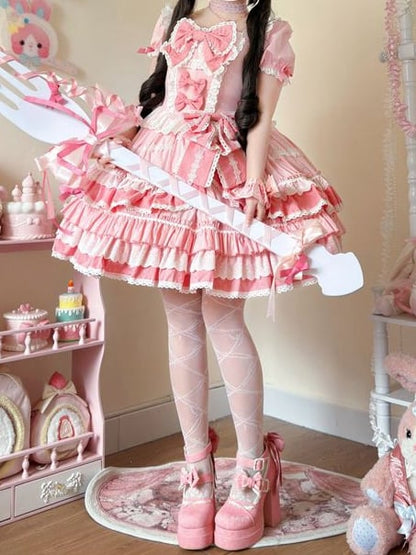 Pink Sweet Bow Accents Short Sleeves Dress Lolita One Piece