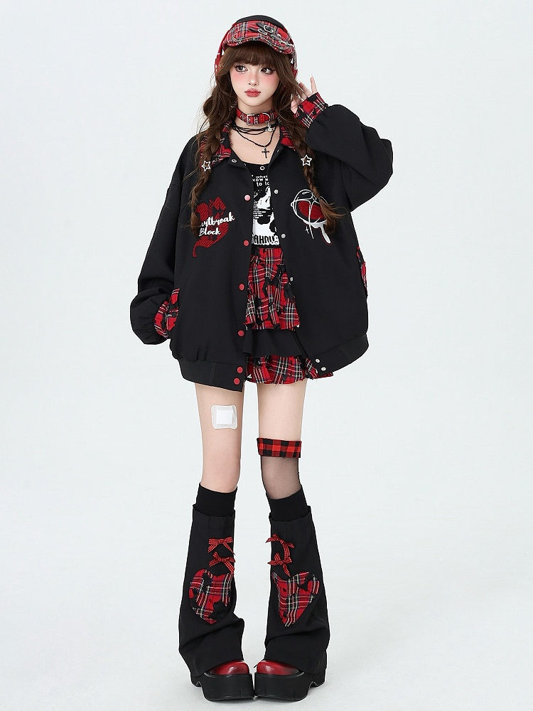 Punk Rock Chain Decorated Red and Black Plaid Tiered Skirt with Free Leg Sleeves