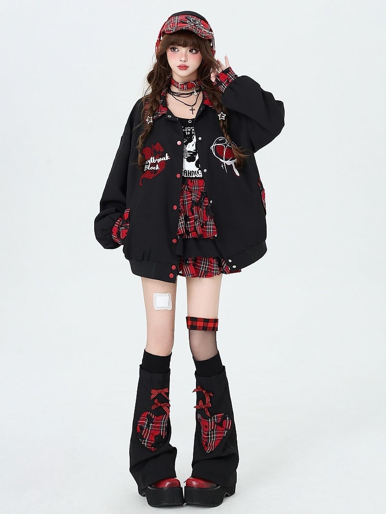 Punk Rock Chain Decorated Red and Black Plaid Tiered Skirt with Free Leg Sleeves