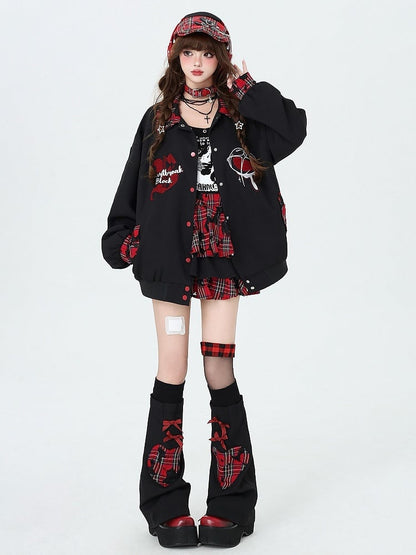 Punk Rock Chain Decorated Red and Black Plaid Tiered Skirt with Free Leg Sleeves