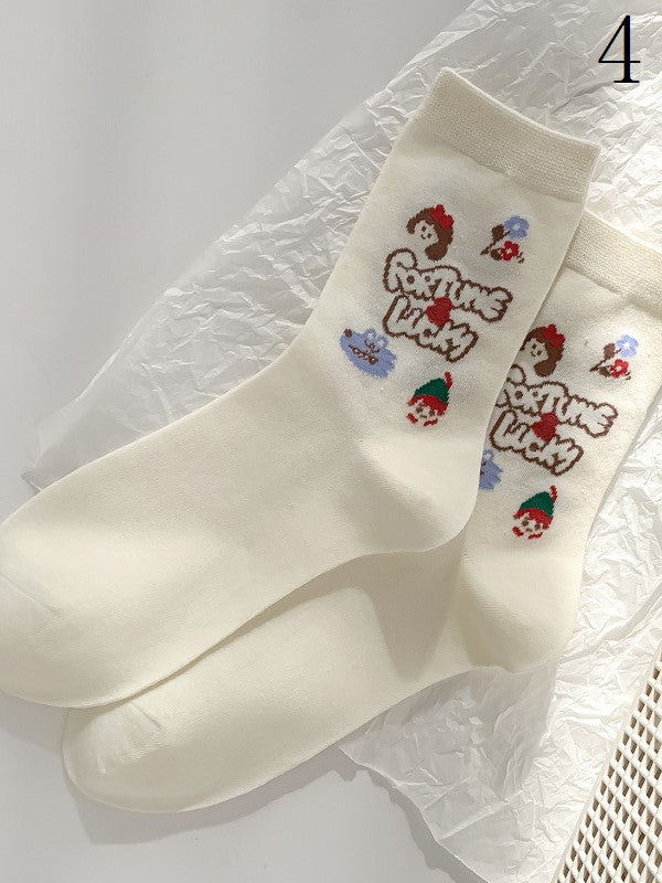 4 Options White Calf Socks With Apple and Floral Print