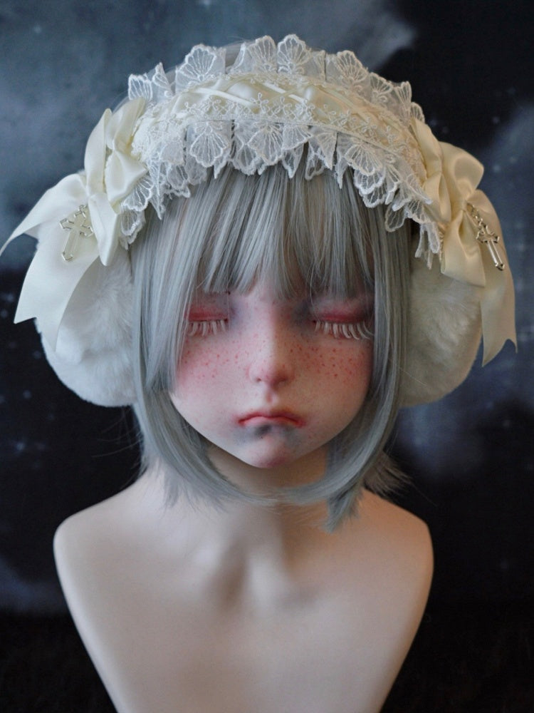 White Handmade Bow Cross Lace Trim Plush Earmuffs