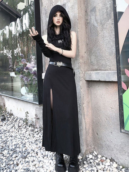 Thigh-high Slit Black Gothic Hooded Dress