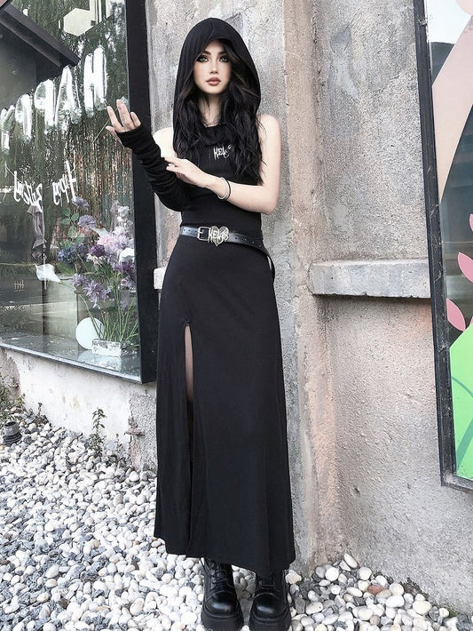 Thigh-high Slit Black Gothic Hooded Dress