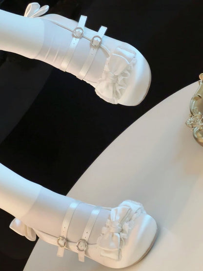 Satin-Finish PU White Sweet Lolita Mary Janes - Ruffled Lace with Bow & Double Buckles