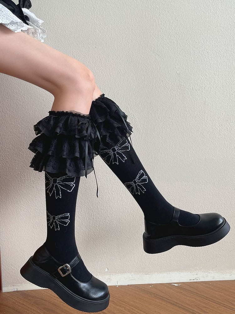 White/Black Bowknot Decorated Lace Trim Lolita Underknee Stockings