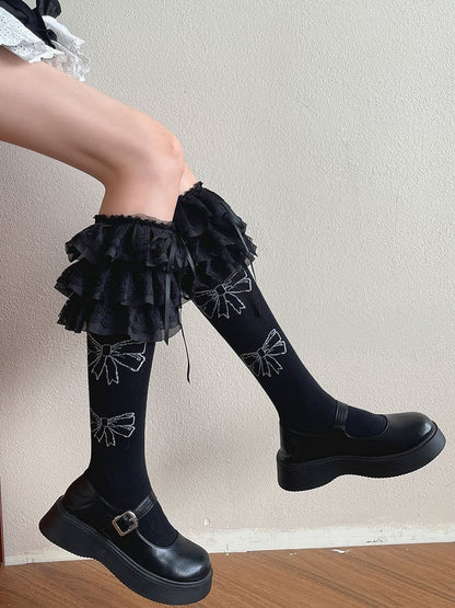 White/Black Bowknot Decorated Lace Trim Lolita Underknee Stockings