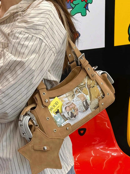 Light Brown PU Y2K Shoulder Ita Bag With Star Charm