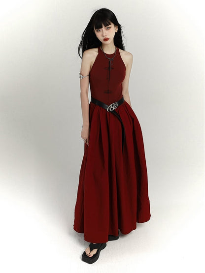 Gothic Wine Red High Waist Cross Print Sleeveless Dress