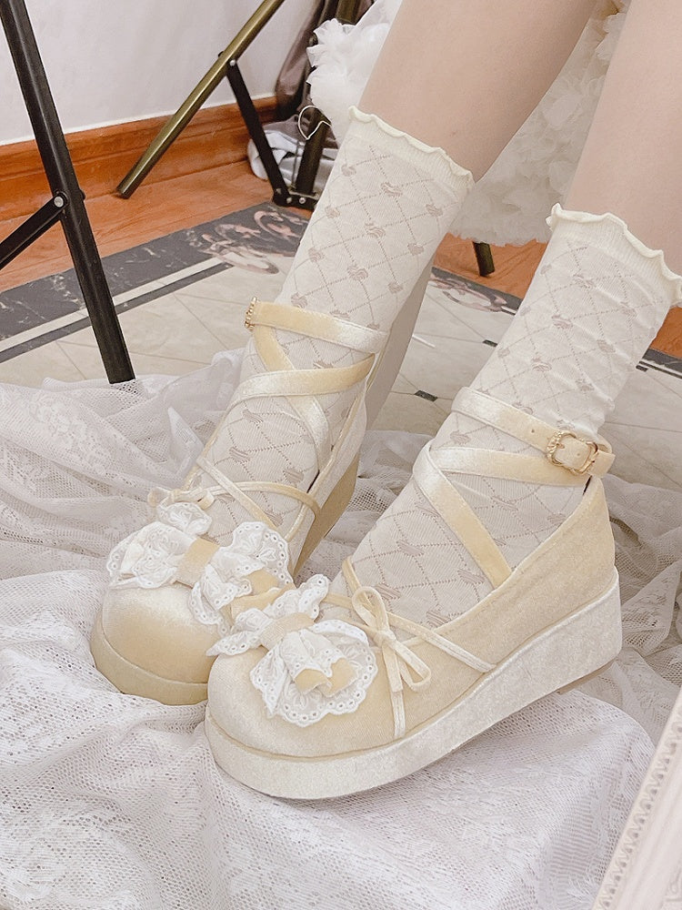 Champagne Bow Accents Velvet Round Toe Platforms Crisscross Ankle Strap