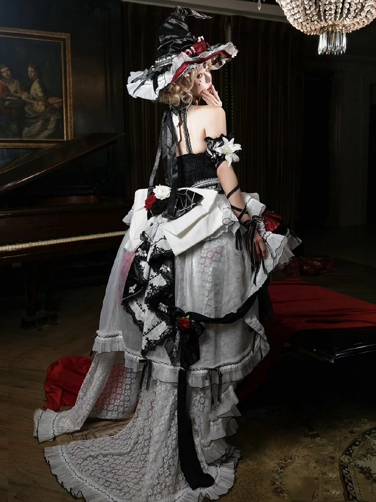 Black and Red Halter Neck Little Witch Lolita Backless Dress + High-low Skirt Full Set