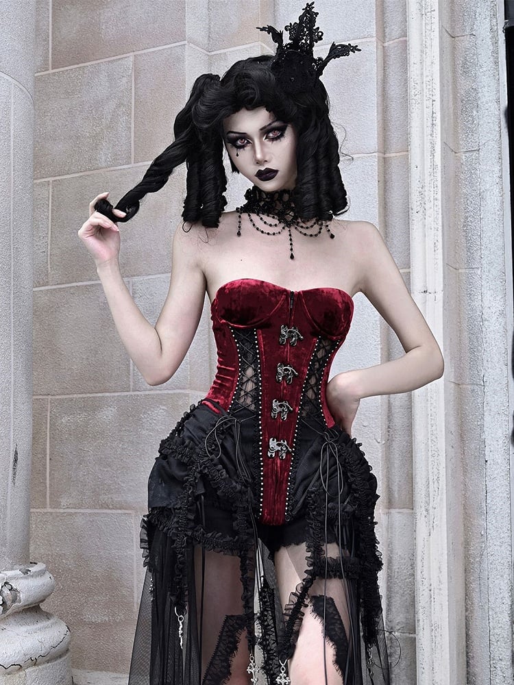 Gothic Black and Red Bustier Corset Lace-up Top Drawstring Hem