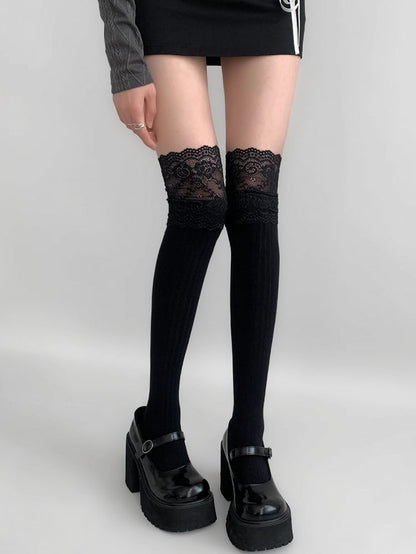 White/Black/Dark Gray/Beige/Light Gray Lace Trim Knitted Over-knee Stockings