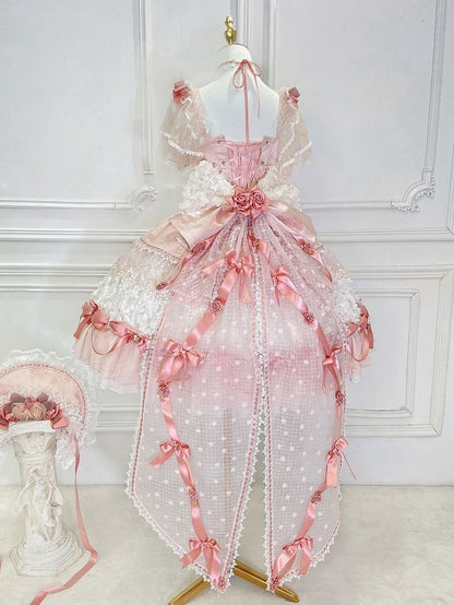 Pink Hanayome Lolita Hime Dress with Corset Waist and Rose Bow Accents Short Version