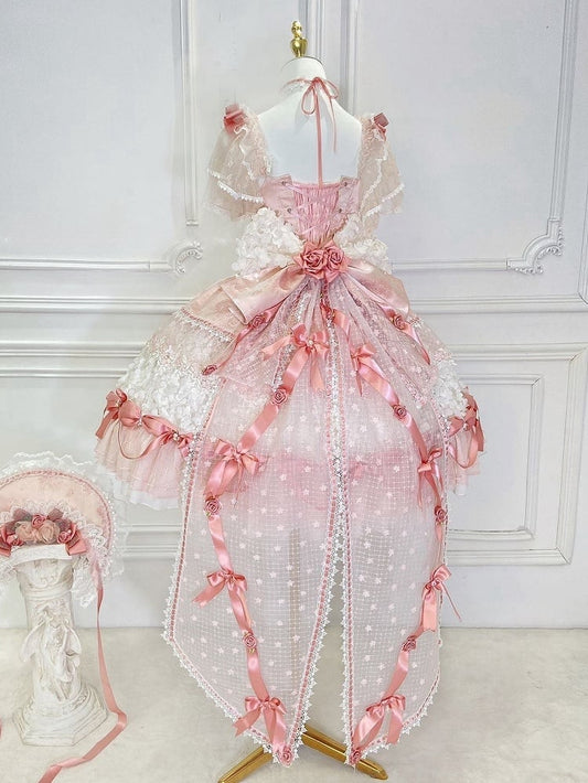 Pink Hanayome Lolita Hime Dress with Corset Waist and Rose Bow Accents Short Version